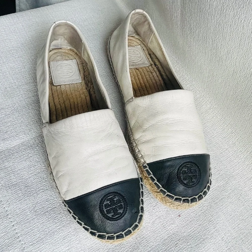 TORY BURCH Colorblock Espadrilles Leather Ivory Black Women’s